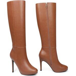 Women's Brown Rubber Stiletto Knee High Boots Platform Side Zipper Long Boots